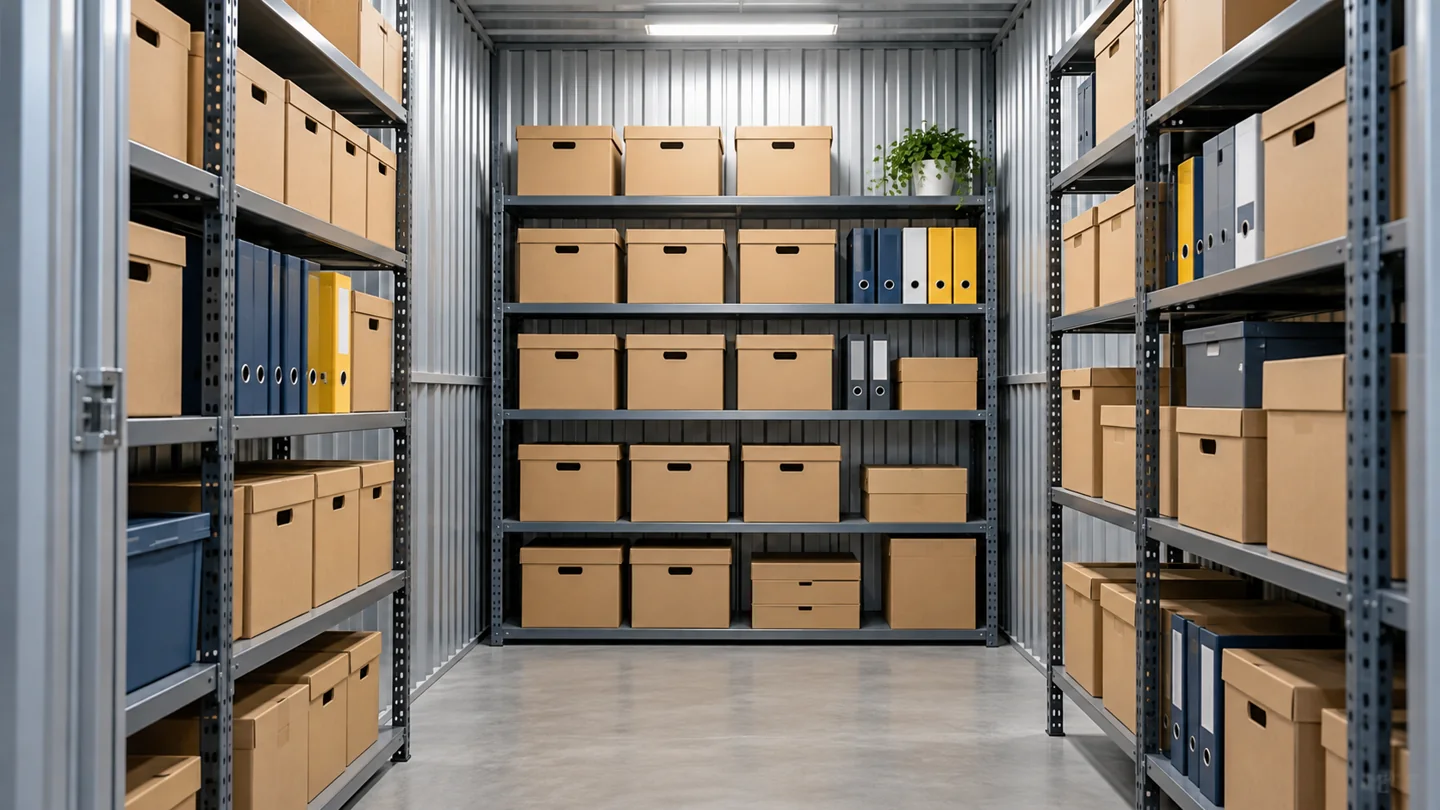 Archive boxes and binders arranged on shelves