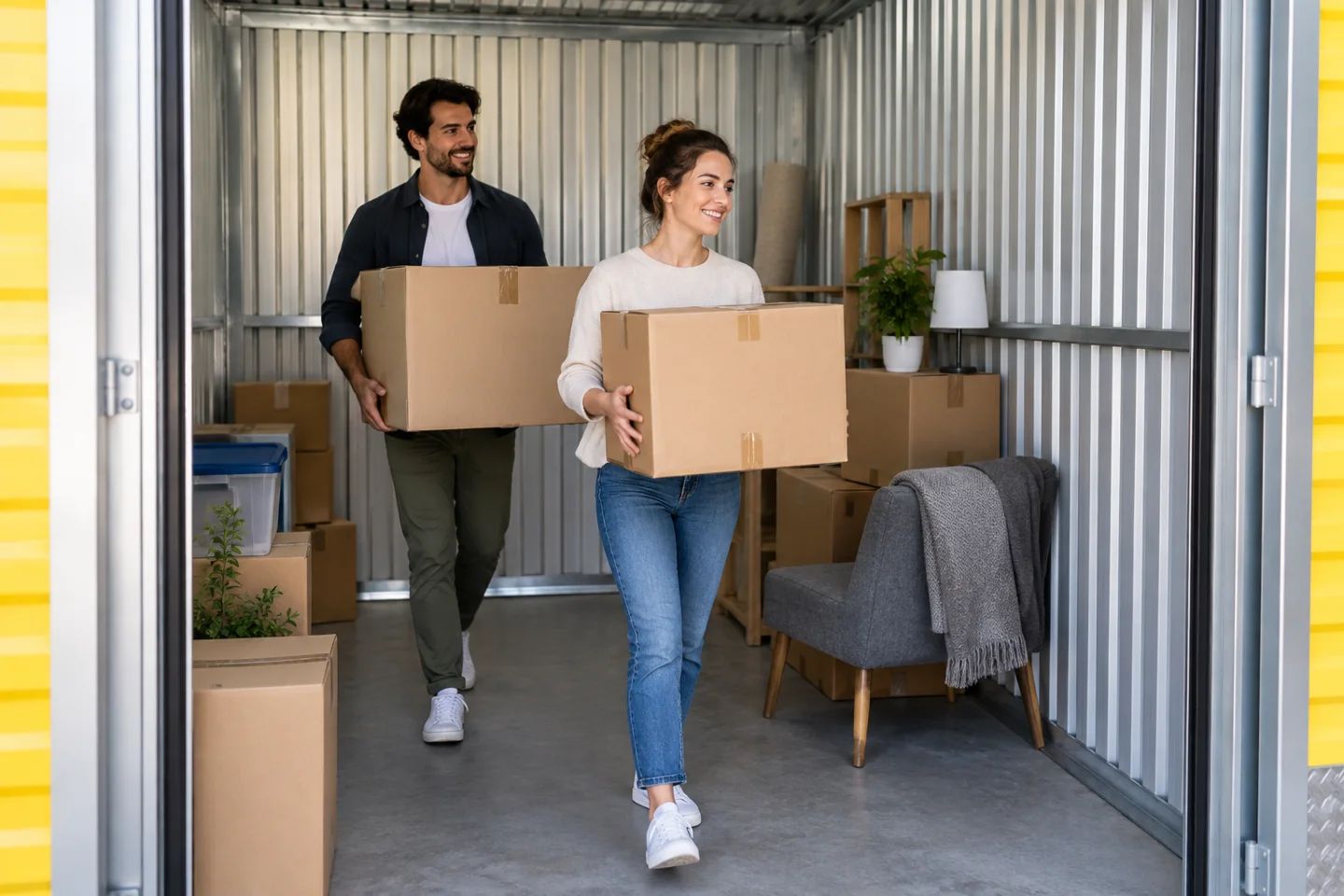 A couple carries boxes into a storage unit
