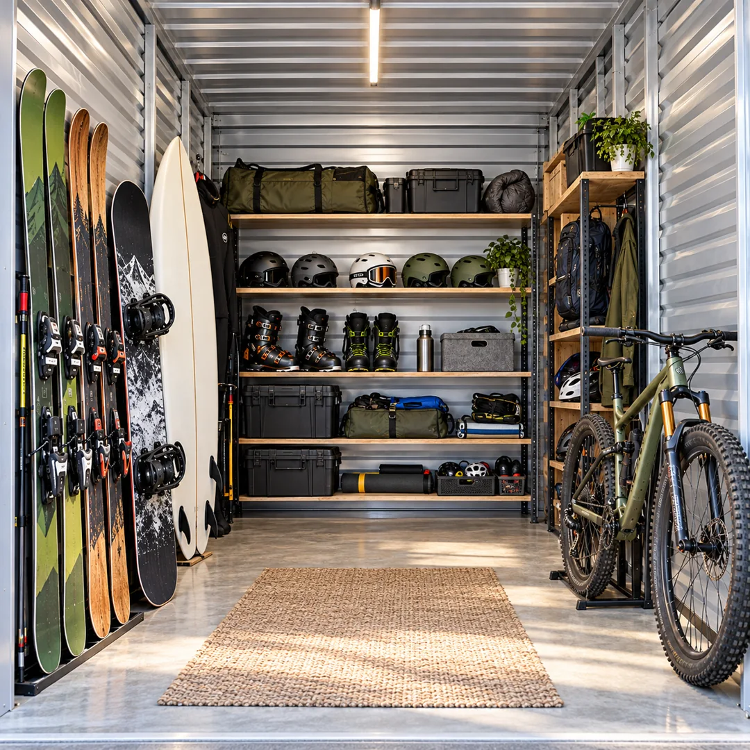 Sports equipment stored in an orderly storage unit